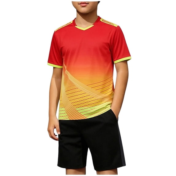 WRKEKC Boys Athletic Sets Geometric Print Quick Dry Short Sleeve Sport Top and Shorts Set for 4-12 Years