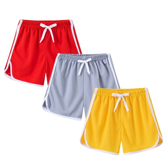 WRKEKC Boys Athletic Shorts 3 Pack Solid Color Elastic Waist Drawstring Contrast Trim Split Hem Sports Shorts for Kids 3-12 Years