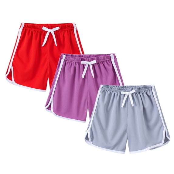 WRKEKC Boys Athletic Shorts 3 Pack Solid Color Elastic Waist Drawstring Contrast Trim Split Hem Sports Shorts for Kids 3-12 Years