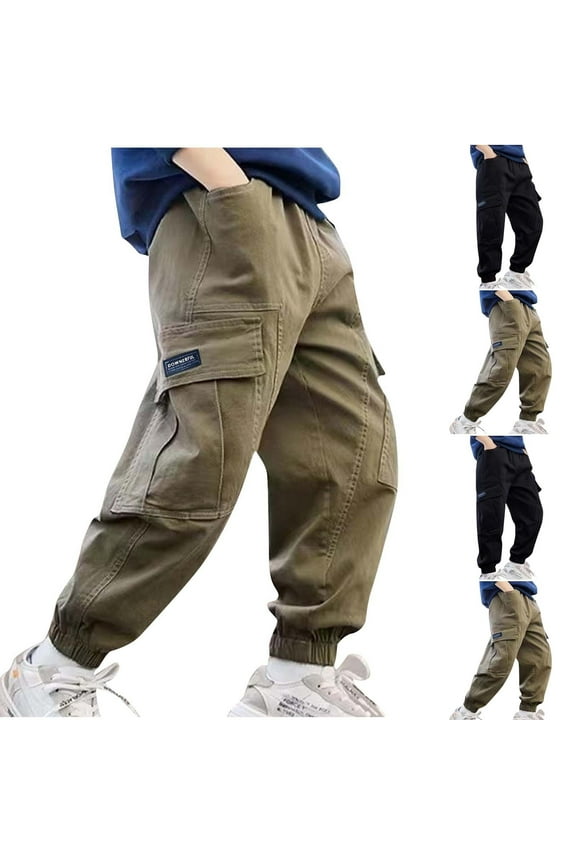 Boys Cargo Pants Multi Pockets Elastic Waist Cuffed Hem Long-Lasting Soft Comfy Casual Pants for Boys 3-16 Years Fall Spring Wear