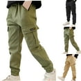 thumbnail image 1 of WRKEKC Boys Cargo Pants Multiple Pockets Drawstring Cuffed Hem Cotton Blend Durable Outdoor Pants for Boys 8-14 Years Fall Winter Casual Wear, 1 of 4