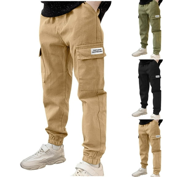 WRKEKC Boys Cargo Pants Multiple Pockets Drawstring Cuffed Hem Cotton Blend Durable Outdoor Pants for Boys 8-14 Years Fall Winter Casual Wear
