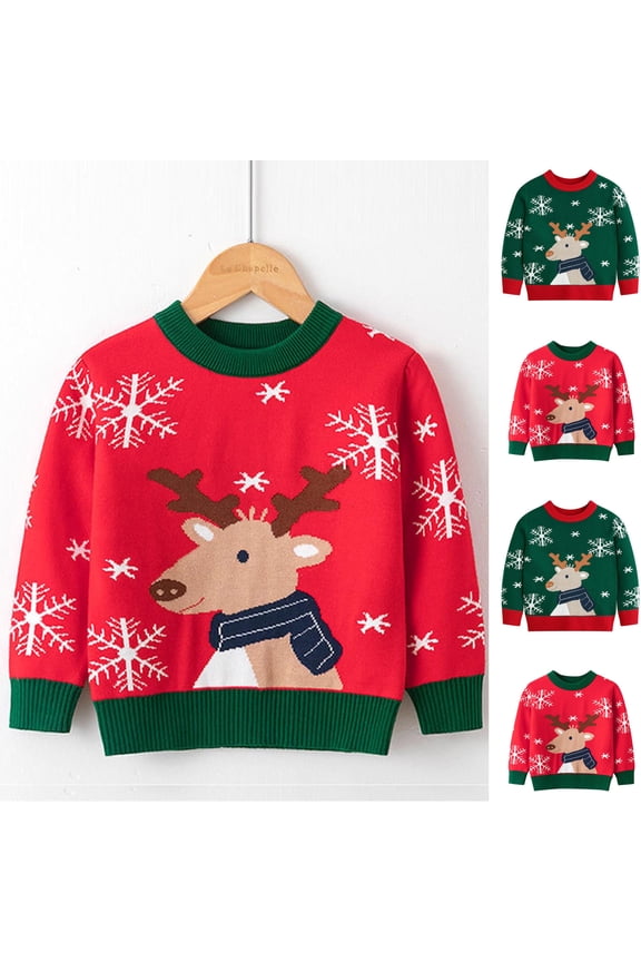 Boys and Girls Crewneck Knit Sweater Reindeer Snowflake Print Long Sleeve Thick Warm Pullover for 2-7 Years Toddlers Fall Winter Christmas Outwear