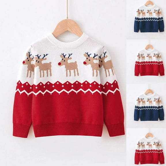 WRKEKC Boys and Girls Crewneck Knit Sweater Reindeer Snowflake Print Long Sleeve Thick Warm Pullover for 2-7 Years Toddlers Fall Winter Christmas Outwear