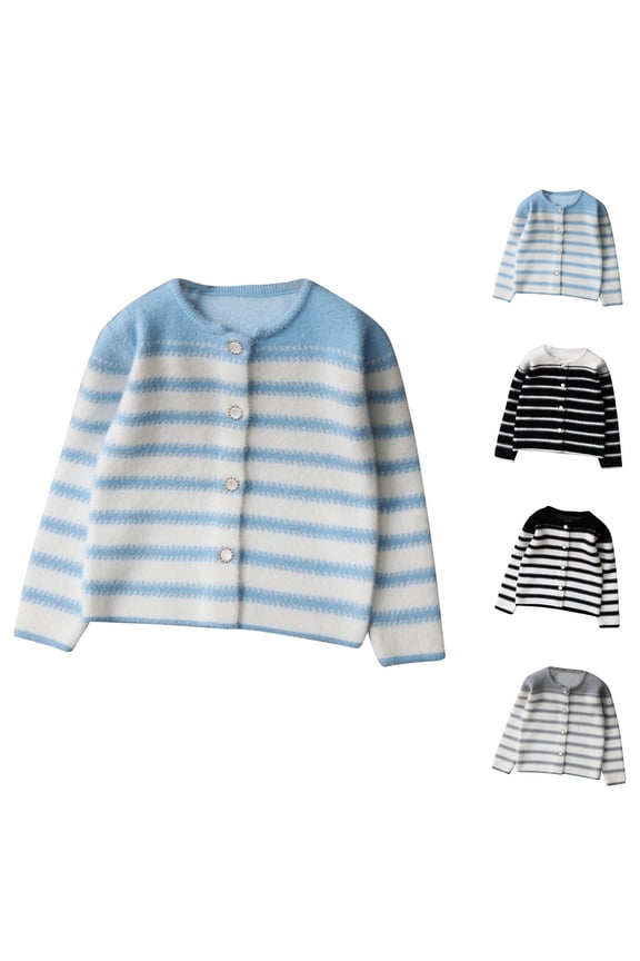 Boys and Girls Kids Soft Knit Cardigan V-Neck Striped Pattern Long Sleeve Thick Warm Cozy Sweater for 0-5 Years Toddlers Fall Winter Stylish Casual Outwear