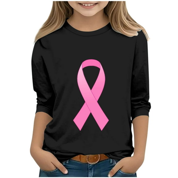 WRKEKC Boys and Girls Soft Warm Cozy Comfortable 3/4 Sleeve Crewneck Tees Print Breast Cancer Awareness Ribbon Casual Pullover for Fall Winter 3-12 Years