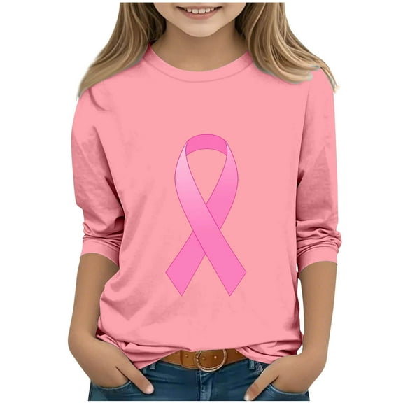 WRKEKC Boys and Girls Soft Warm Cozy Comfortable 3/4 Sleeve Crewneck Tees Print Breast Cancer Awareness Ribbon Casual Pullover for Fall Winter 3-12 Years