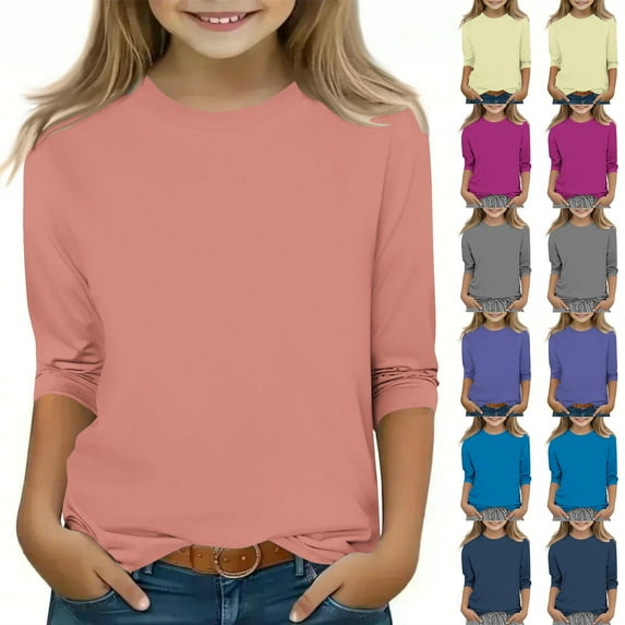 WRKEKC Boys Long Sleeve Shirts, Girls' Long Sleeve Tees, Boys' and Girls' Fall Basic Casual Solid Color 3/4 Sleeve Round Neck Tops