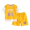 thumbnail image 1 of WRKEKC Boys Summer Casual Outfits Short Sleeve Round Neck Fake Two Piece Set Quick Dry Top and Elastic Waist Pants for 1-12 Years, 1 of 3