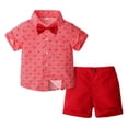 thumbnail image 1 of WRKEKC Boys Summer Casual Outfits Short Sleeve Turn Down Collar Heart Print Bowknot Top and Suspenders Shorts Set for 1-5 Years, 1 of 9