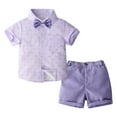 thumbnail image 1 of WRKEKC Boys Summer Casual Outfits Short Sleeve Turn Down Collar Heart Print Bowknot Top and Suspenders Shorts Set for 1-5 Years, 1 of 9