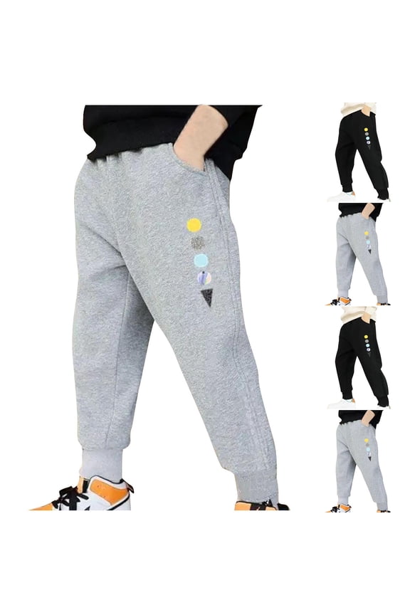 Boys Sweatpants Elastic Waist Cuffed Hem Colorful Patch Embroidered Soft Stretchy Activewear Pants for Boys 4-11 Years Fall Winter Casual Wear