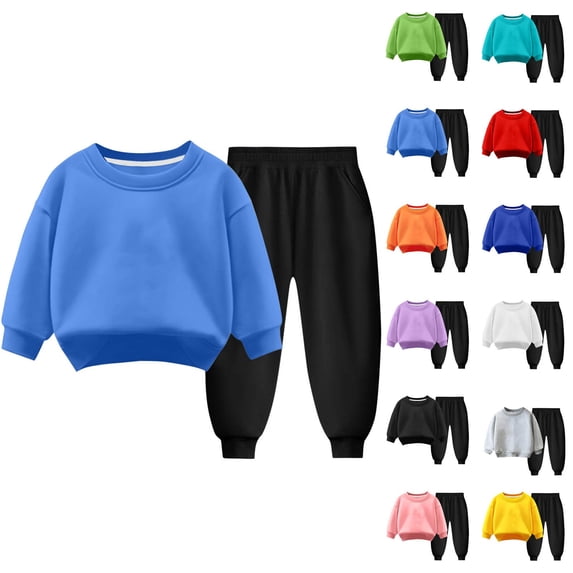 WRKEKC Boys and Girls Fleece Lined Sweatshirt Set 3-9 Years Solid Color Crew Neck Top and Jogger Pants Multi Color Casual Spring Fall Outfits