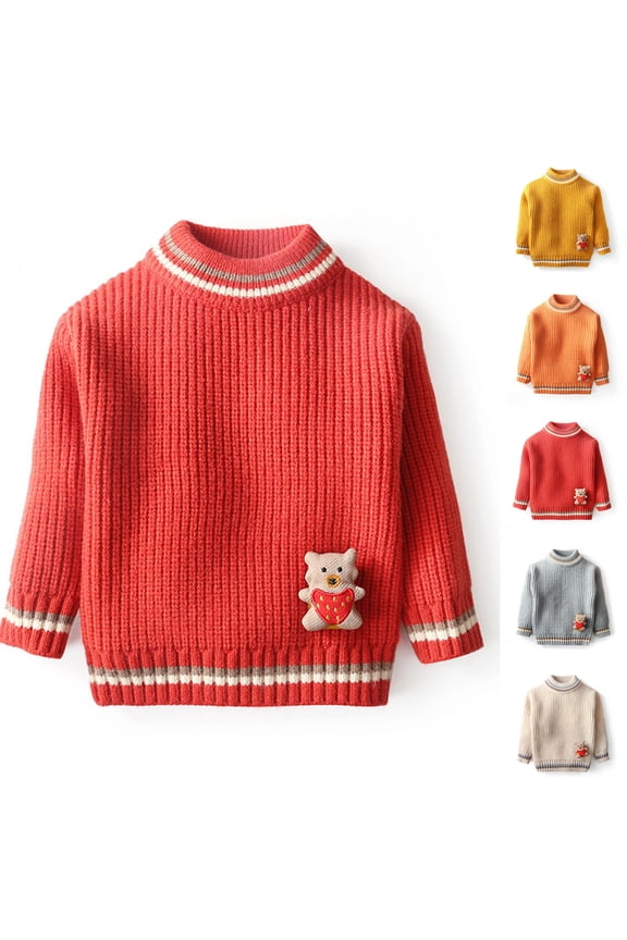 Boys and Girls Mock Neck Knit Sweater Striped Trim Bear Decoration Long Sleeve Thick Warm Pullover for 3-9 Years Toddlers Fall Winter