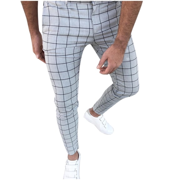 WRKEKC Business Casual Pants for Men Plaid Print Button Waist with Pocket Dress Pants for Office or Formal Events