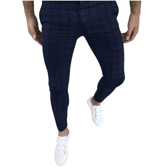 WRKEKC Business Casual Pants for Men Plaid Print Button Waist with Pocket Dress Pants for Office or Formal Events