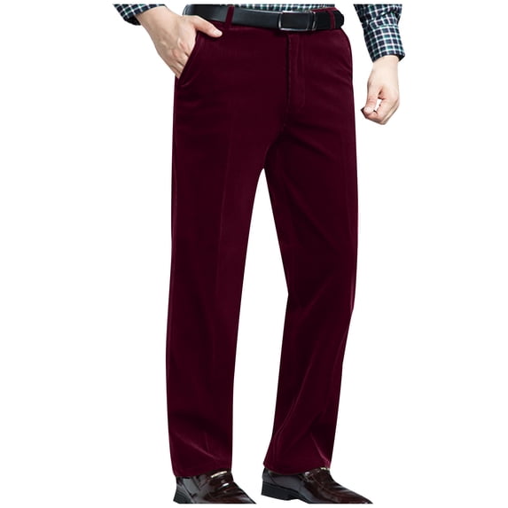 WRKEKC Business Casual Pants for Men Solid Color Corduroy Stretch Zipper Button Straight Leg Wide Leg Leisure Dress Trousers