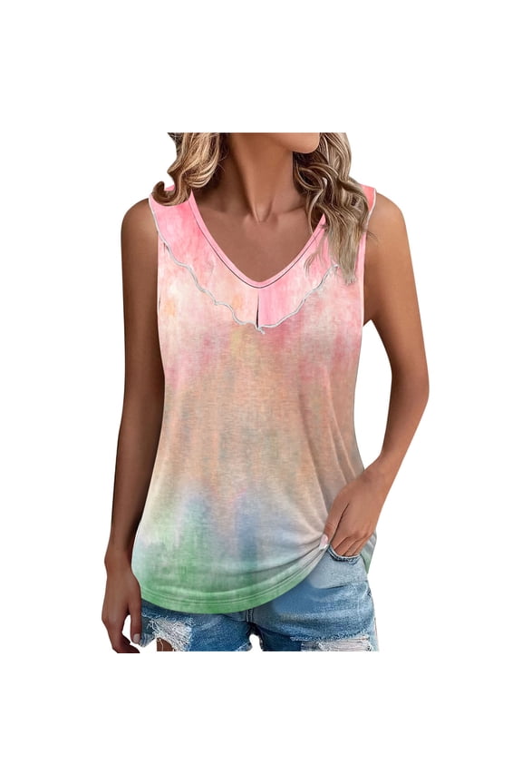 Cami Tank Tops for Women Gradient Dip Dye Ruffle Neck Crew Neck Sleeveless Summer Tank Casual Loose Fit Top