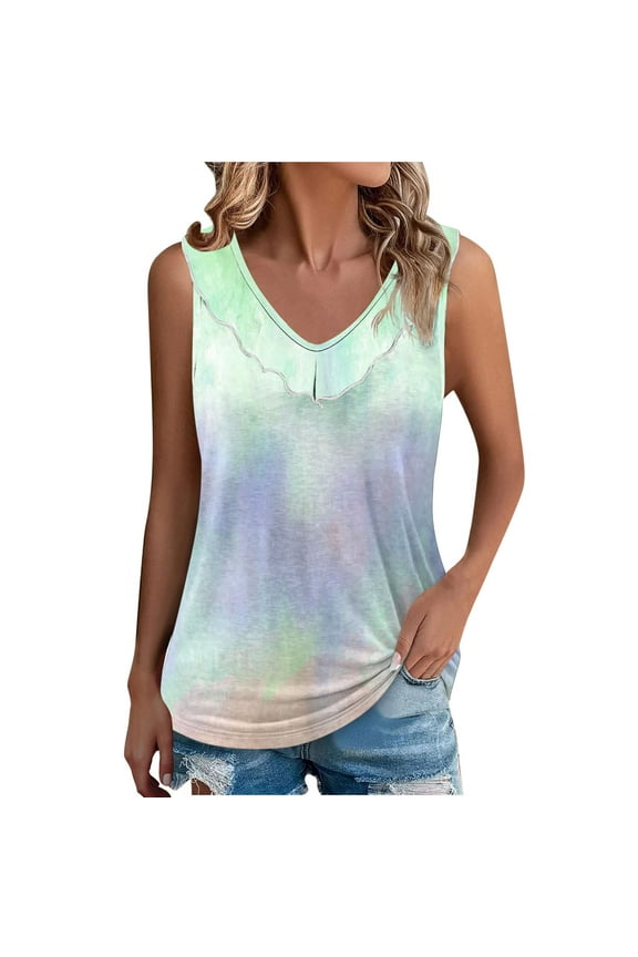 Cami Tank Tops for Women Gradient Dip Dye Ruffle Neck Crew Neck Sleeveless Summer Tank Casual Loose Fit Top