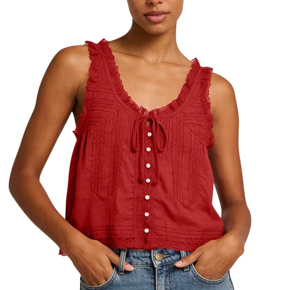 WRKEKC Cami Tank Tops for Women V-Neck Lace Trim Button Front Linen Sleeveless Top with Tie Detail and Loose Boho Style for Summer