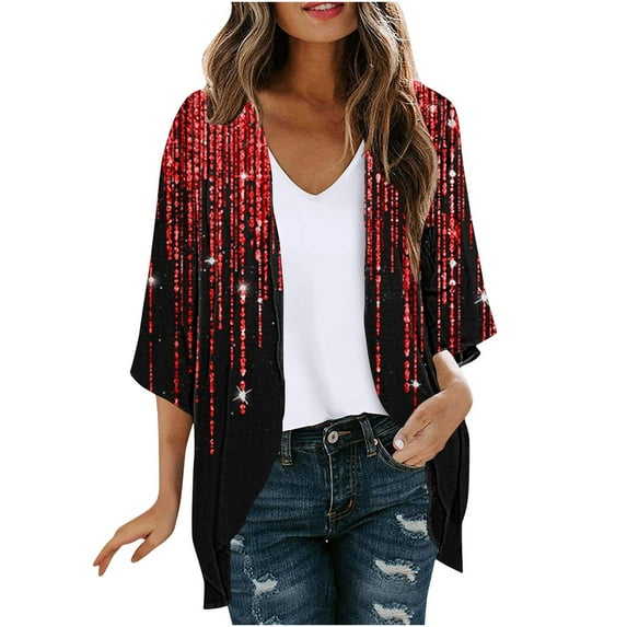 WRKEKC Women's Open Front Cardigan Jacket Fall Winter Summer 3/4 Sleeve Printed Top Versatile Casual Outfits for Women Daily Wear Trendy Layering