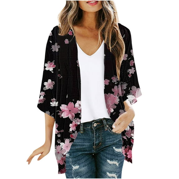 WRKEKC Women's Open Front Cardigan Jacket Fall Winter Summer 3/4 Sleeve Printed Top Versatile Casual Outfits for Women Daily Wear Trendy Layering