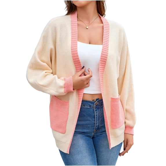 WRKEKC Cardigan Sweaters for Women Color Block Long Sleeve Open Front Loose Fit Knit Cardigan with Pockets
