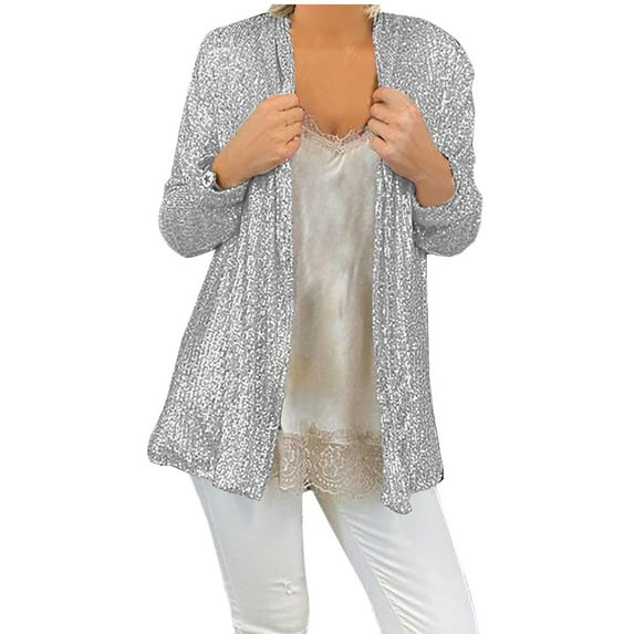 WRKEKC Women's Long Sleeve Solid Color Sequined Open Front Cardigan Jacket Top for Women Party Night Out Trendy Outfits