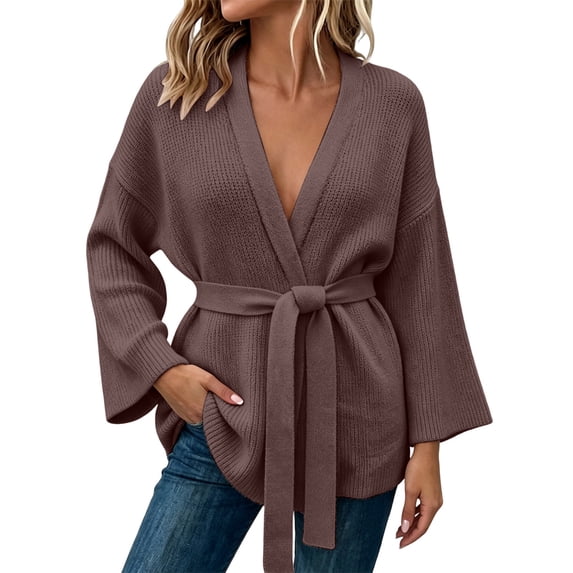WRKEKC Cardigan Sweaters for Women Solid Color Mid Length Belted V-Neck Long Sleeve Knit Cardigan with Pockets