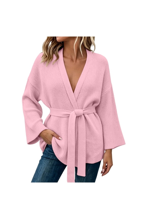 Cardigan Sweaters for Women Solid Color Mid Length Belted V-Neck Long Sleeve Knit Cardigan with Pockets