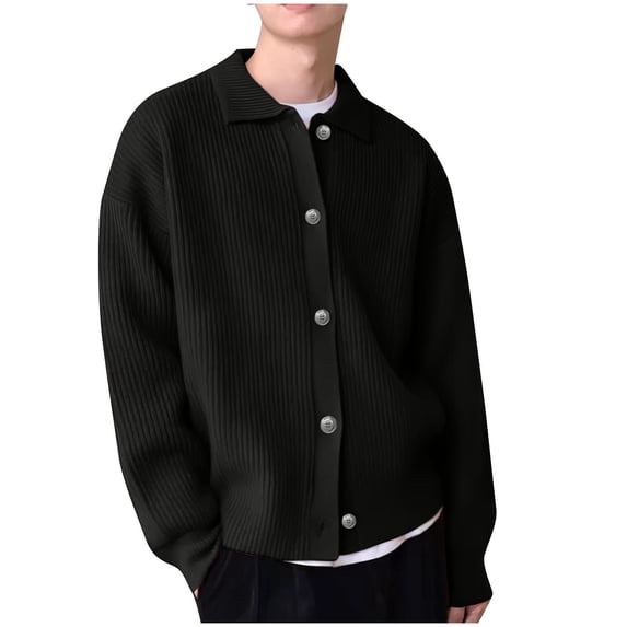 WRKEKC Cardigan for Men Solid Color Slim Fitting Knit Collared Cardigan Button Front Long Sleeve Warm Fall Winter Casual Outerwear for Men
