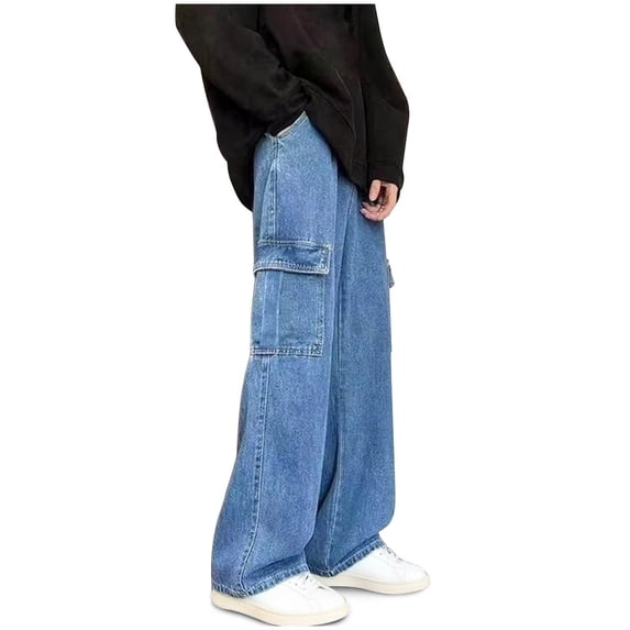 WRKEKC Cargo Jeans for Men Solid Color Elastic Waist Multiple Pockets Loose Fit Denim Fabric Spring Fall Casual Daily Wear