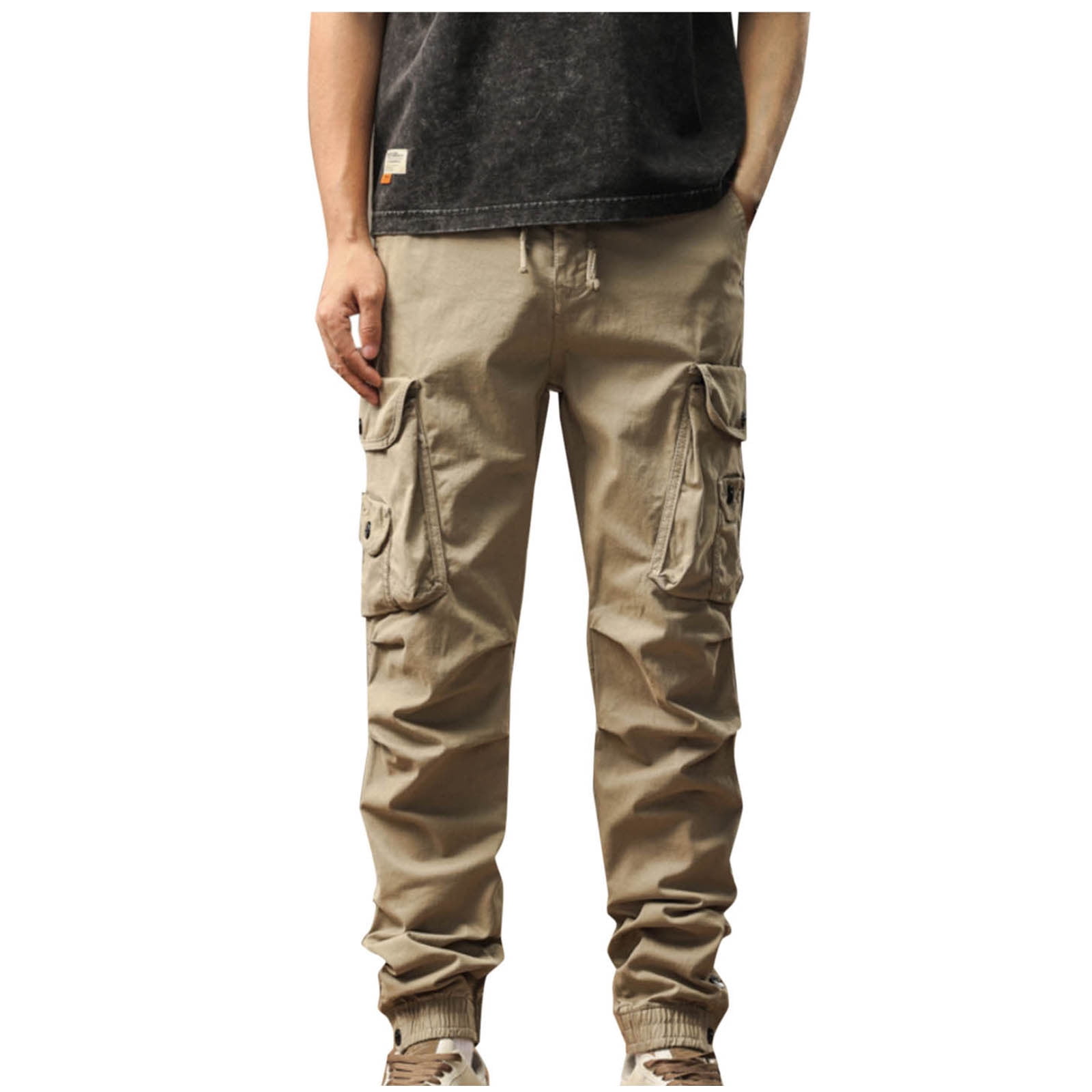 WRKEKC Cargo Pants for Men Elastic Waist Slim Cargo Pants Solid