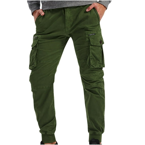 WRKEKC Cargo Pants for Men Solid Color Elastic Waist Drawstring Pocketed Cuffed Joggers Comfortable Summer Outdoor Sports Daily Trousers