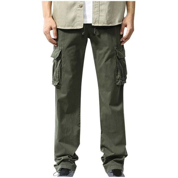 WRKEKC Cargo Pants for Men Solid Color Retro Multiple Pockets Drawstring Straight Leg Casual Workwear Trousers with Vintage Style