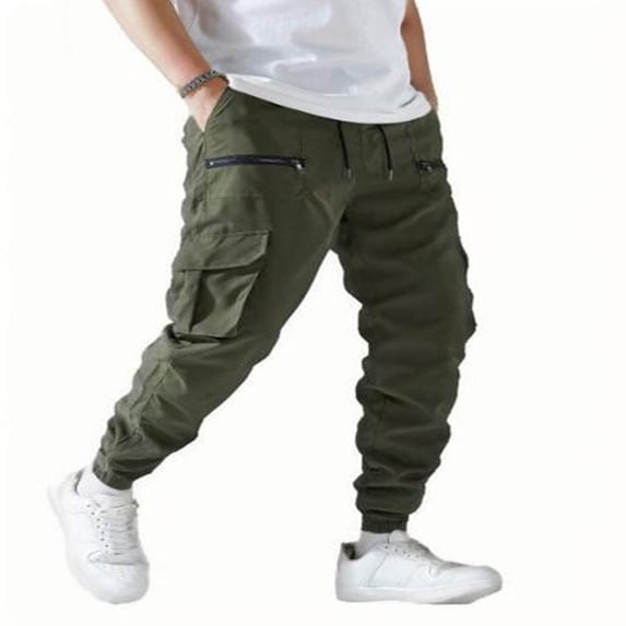 WRKEKC Cargo Pants for Men Solid Color Zipper Large Pocket Functional Unisex Floor Length Trousers with Utility Style