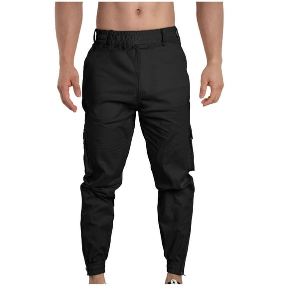 WRKEKC Cargo Pants for Men Solid Cotton Zipper Ankle Workout Pants with Multiple Pockets Elastic Waist for Hiking or Training