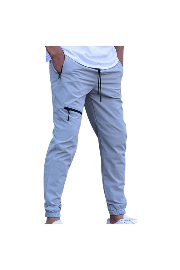 Cargo Pants for Men Zipper Pockets Elastic Drawstring Waist Cuffed Ankle Lightweight Fabric Casual Daily Wear