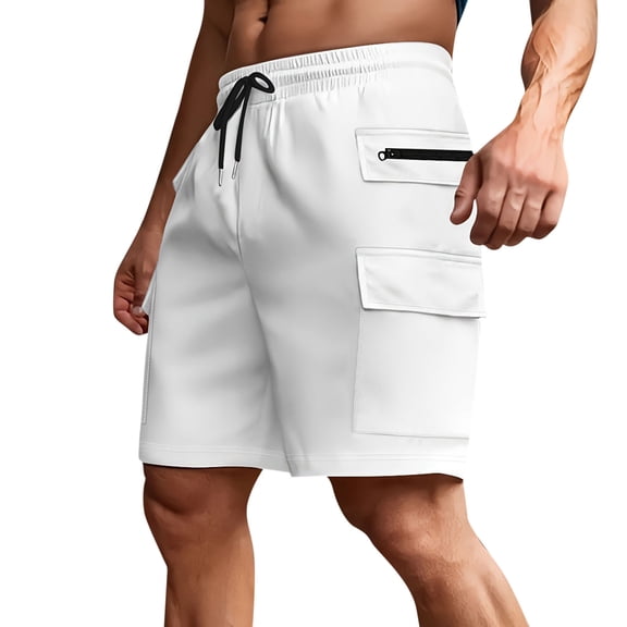 WRKEKC Cargo Shorts for Men Solid Color Casual Elastic Waist Drawstring Zipper Breathable Pocket Work Shorts with Functional Pockets