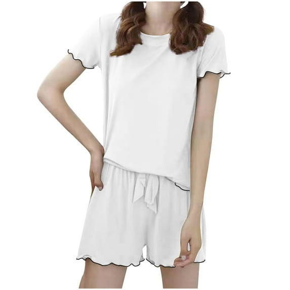 WRKEKC Casual Outfits for Women Casual Solid Color Round Neck Short Sleeve Tie Waist Shorts Home Wear Set for Comfort