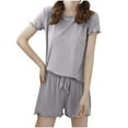 thumbnail image 1 of WRKEKC Casual Outfits for Women Casual Solid Color Round Neck Short Sleeve Tie Waist Shorts Home Wear Set for Comfort, 1 of 6