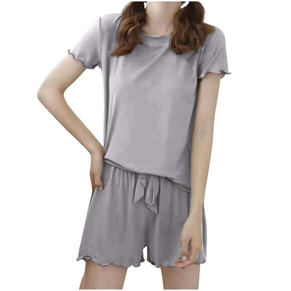 WRKEKC Casual Outfits for Women Casual Solid Color Round Neck Short Sleeve Tie Waist Shorts Home Wear Set for Comfort