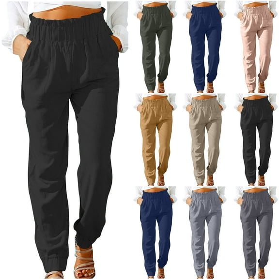 WRKEKC Casual Pants for Women, Wide Leg Pants for Women, Ladies' Trendy Summer Casual Loose Elastic Waist Cotton and Linen Solid Trousers Pants with Pocket
