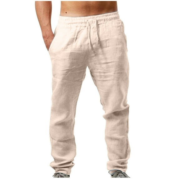 WRKEKC Casual Pants for Men Cotton Linen Drawstring Elastic Waist Linen Pants Solid Color for Comfort Wear