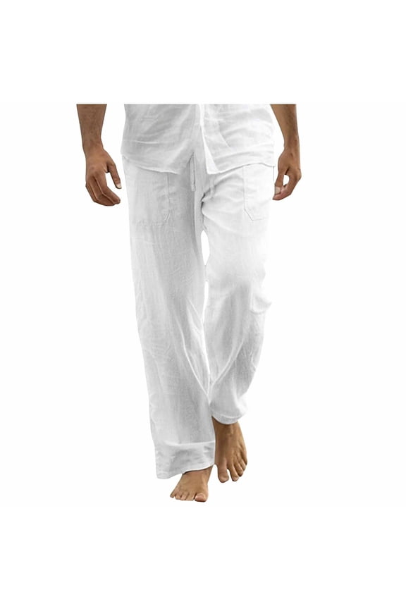 Casual Pants for Men Relaxed Fit Straight Leg Beach Pants with Drawstring and Pockets Solid Color for Summer Wear
