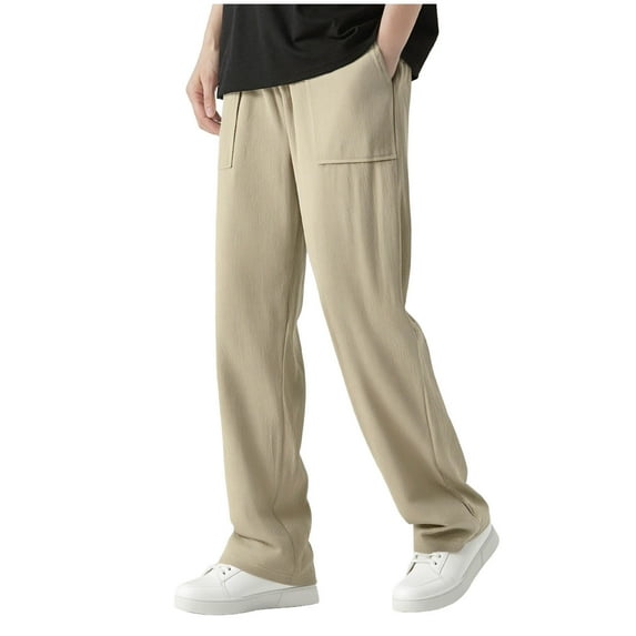 WRKEKC Casual Pants for Men Solid Color Drawstring Lightweight Straight Leg Linen Pants for Summer Daily Casual Outings Breathable Stylish Wear