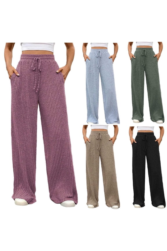 Casual Pants for Women Solid Ribbed Brushed High Waist Straight Leg Lounge Pants with Cozy Stretch