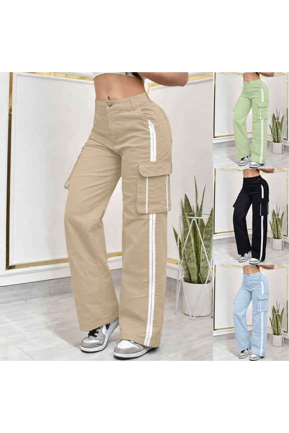 Casual Pants for Women Striped Patchwork Side Pockets Straight Leg Long Pants High Waist Elastic Waist Comfortable