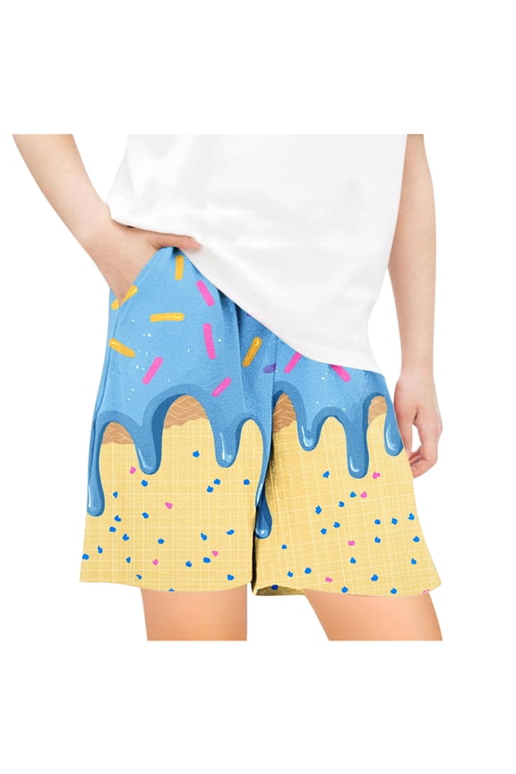 Casual Shorts for Girls, Boys Summer Shorts, Children's Summer Ice Cream Cake Print Elastic Waist Drawstring Pocket Casual Loose Sports Shorts