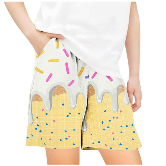WRKEKC Casual Shorts for Girls, Boys Summer Shorts, Children's Summer Ice Cream Cake Print Elastic Waist Drawstring Pocket Casual Loose Sports Shorts